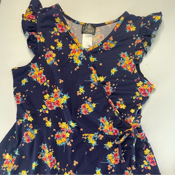 Pink & Violet Girls 10/12 Navy Blue Floral Faux Wrap Dress PRELOVED - Picture 5 of 8